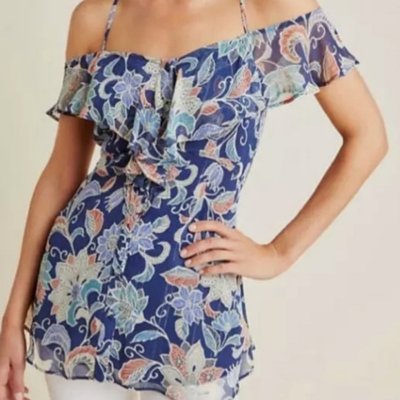 Anthropologie Maeve Mariposa Blouse Top Size 8 Multicolor Open Shoulder … - Picture 2 of 11